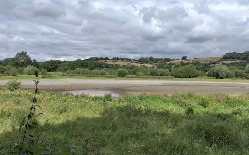 A wide section of river is shown, almost completely dry exposing the riverbed