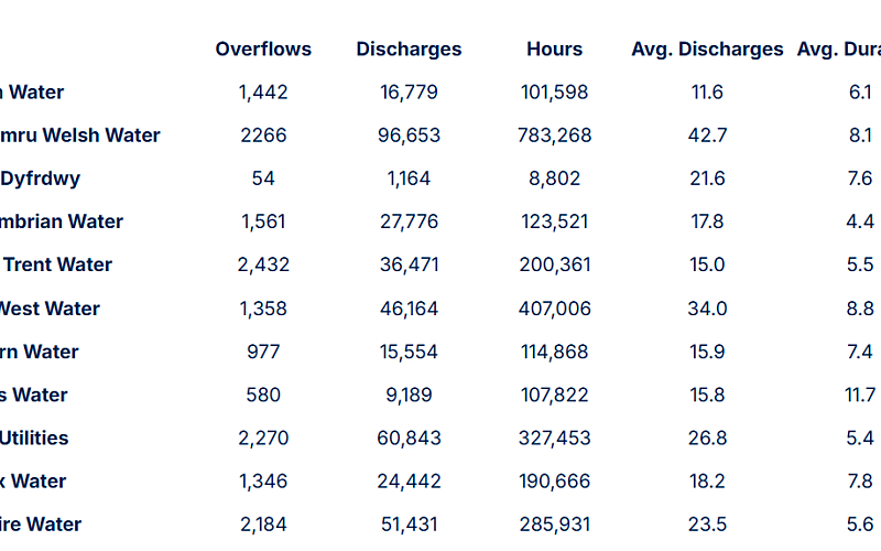 A table displaying sewage data by water company in England and Wales