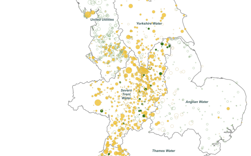 a map of england with yellow green and white dots at CSO locations