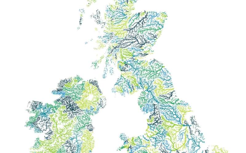 Mape of the UK and Ireland shown by the rivers and lakes