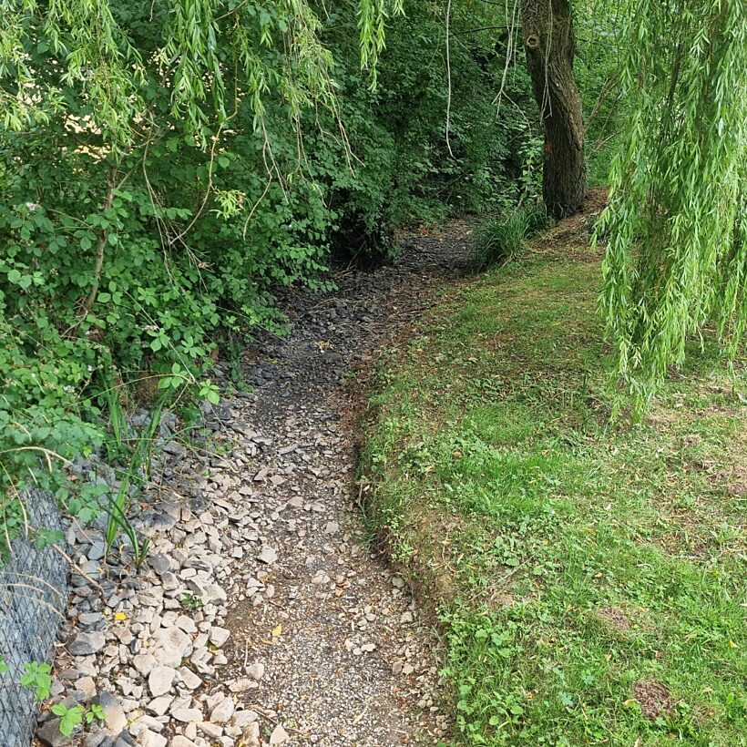 A dry gravel stream bed with grass banks and trees overhanging.