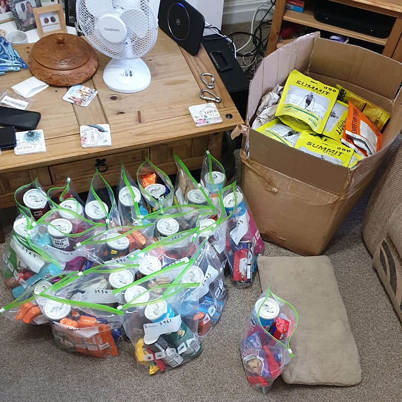 Box filled with packets of food and a collection of clear plastic bags holding food