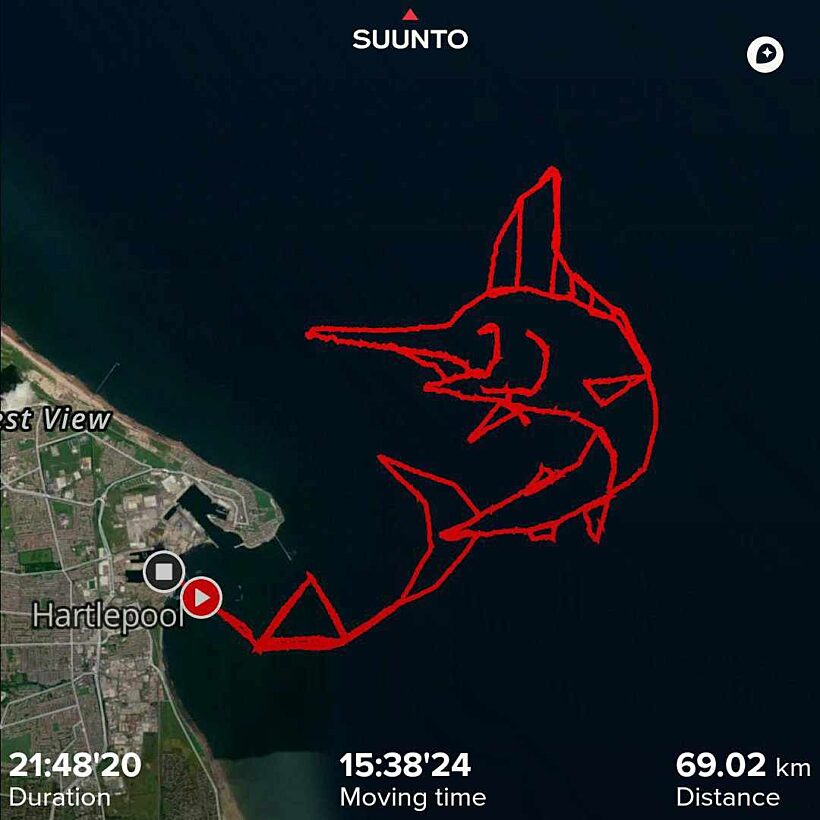 A fish outline on a map drawn using GPS