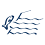 Dark blue icon showing fish jumping in river