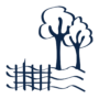 Dark blue icon of trees next to river