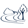 Dark blue icon of river and tree next to it