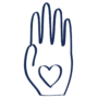Dark blue icon of hand with a heart in the palm