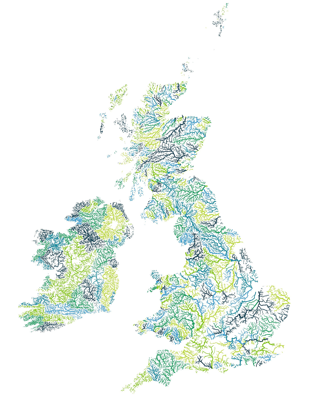 Mape of the UK and Ireland shown by the rivers and lakes