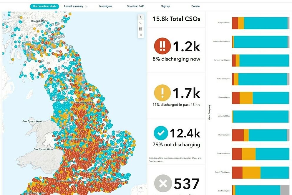 Screenshot of the sewage map, showing red, yellow and blue dots over the UK indicating live, recent and no sewage spill locations