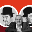 Image of Neil Brand in front of Laurel and Hardy's faces within the zeros of the number 100