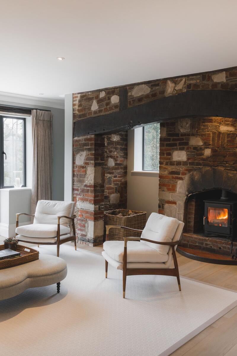 Spacious living room with exposed brick inglenook fireplace, timber beam, wood-burning stove and contemporary seating, filmed in natural daylight.