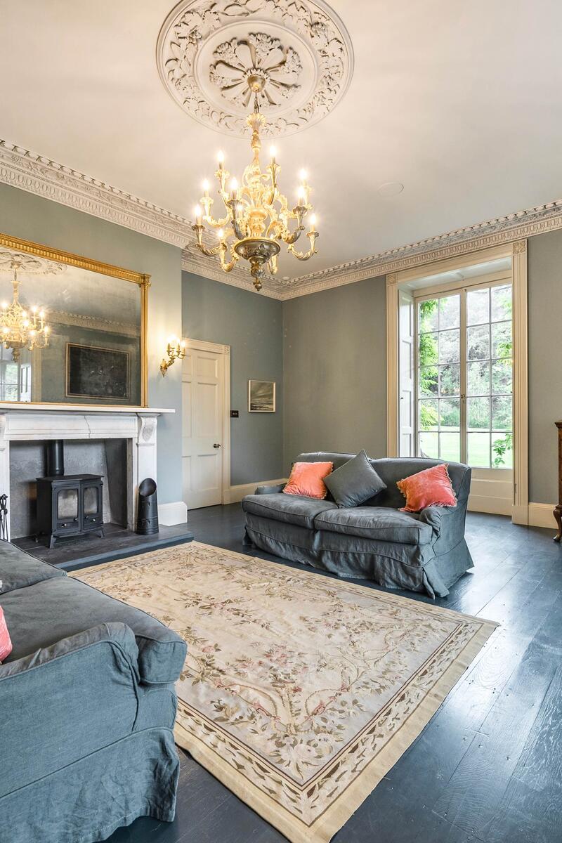 Elegant period drawing room with ornate plaster ceiling, chandelier, marble fireplace and tall sash window overlooking landscaped grounds.
