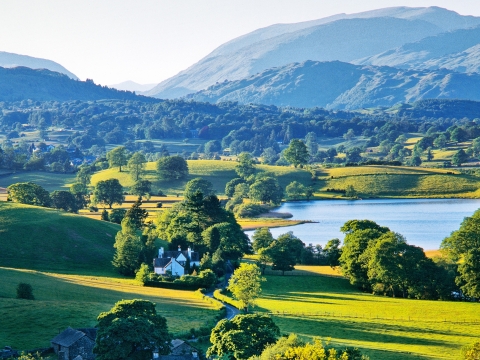 Lake District scene showing Esthwaite Water in the morning sun.
