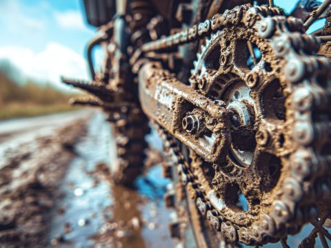 A motorcycle chain covered in mud in an off-road environment.