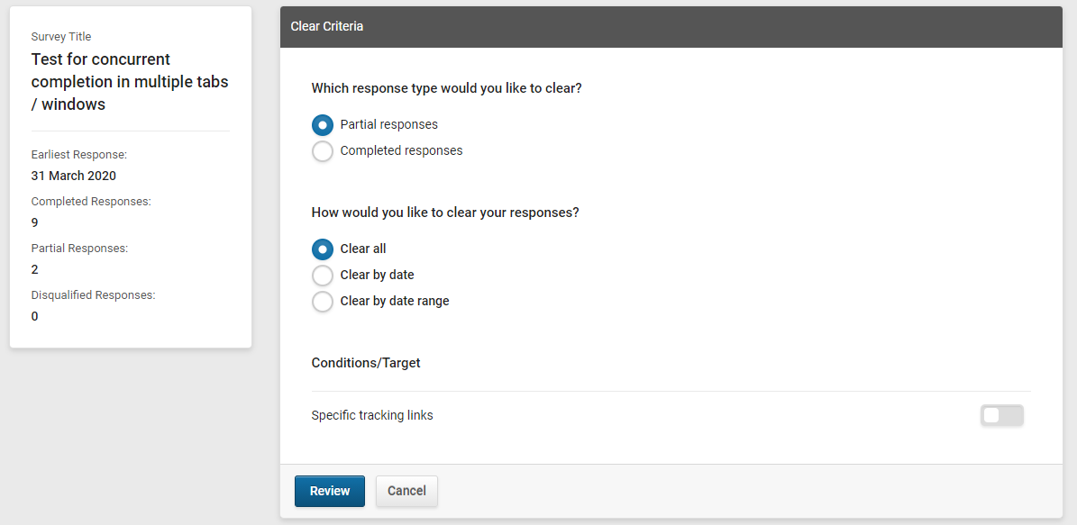 The options screen for a smartsurvey user to select what data they want to clear from the survey. The available options are explained in order in the text following this imahe