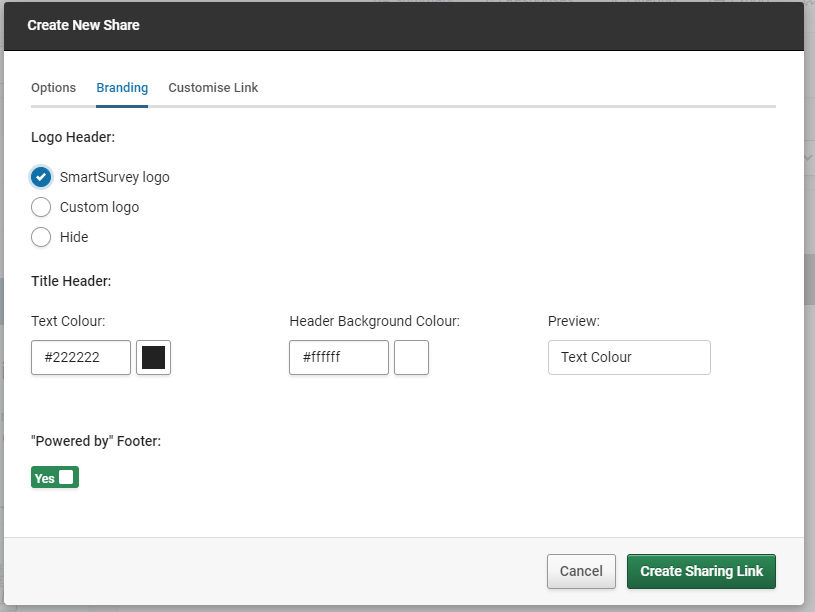 A screenshot of the sharing link branding options in SmartSurvey. 