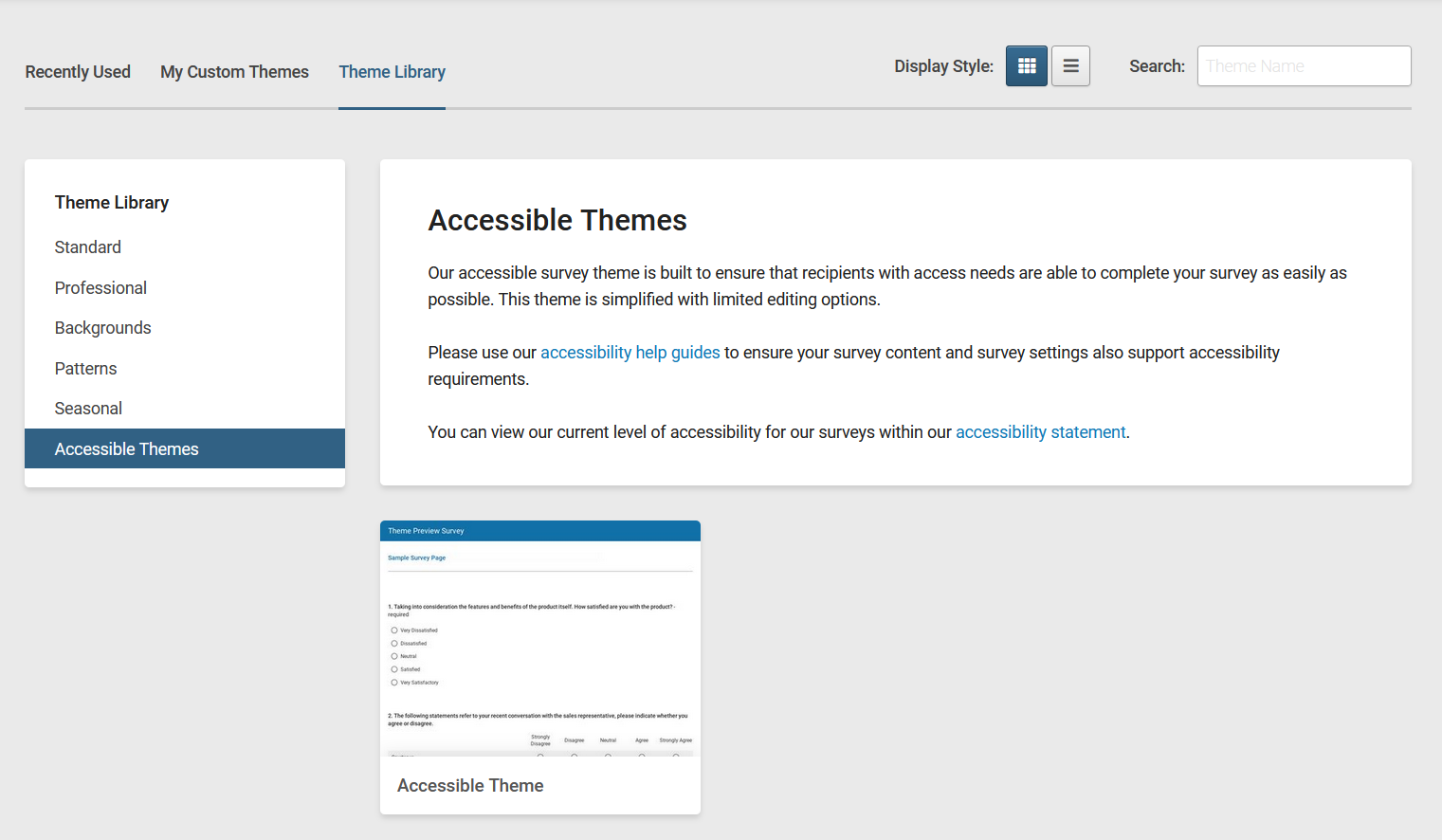 The SmartSurvey Theme Library with the "Accessible themes" category highlighted and the "accessible theme" selected in the category.