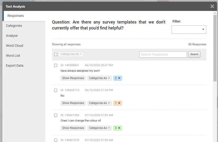 The Text Analysis tool showing the responses page. This illustrates the layout described in the text just prior to this image.