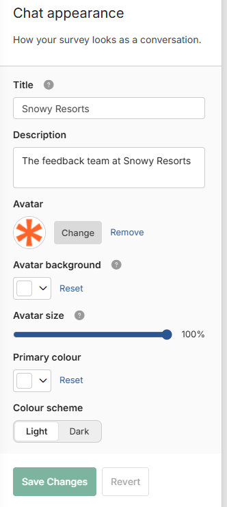 An image of the conversational survey appearance settings, described in detail in the following text.