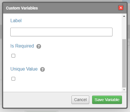 The custom variable dialog open in SmartSurvey. Two checkboxes are present "Is Required" and "Unique Value".