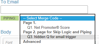 The Piping Drop-down in the Email Trigger setup. "Hidden Q for Email Tirgger" is highlighted