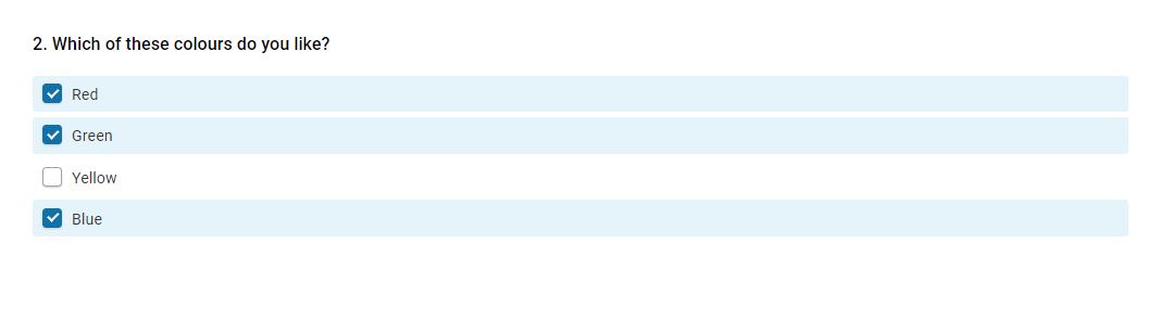 A multiple choice tickbox question asking about colours. Red, Green, and Blue are ticked. Yellow is not.