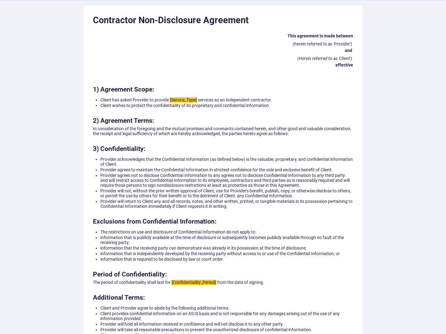 Contractor non-disclosure agreement