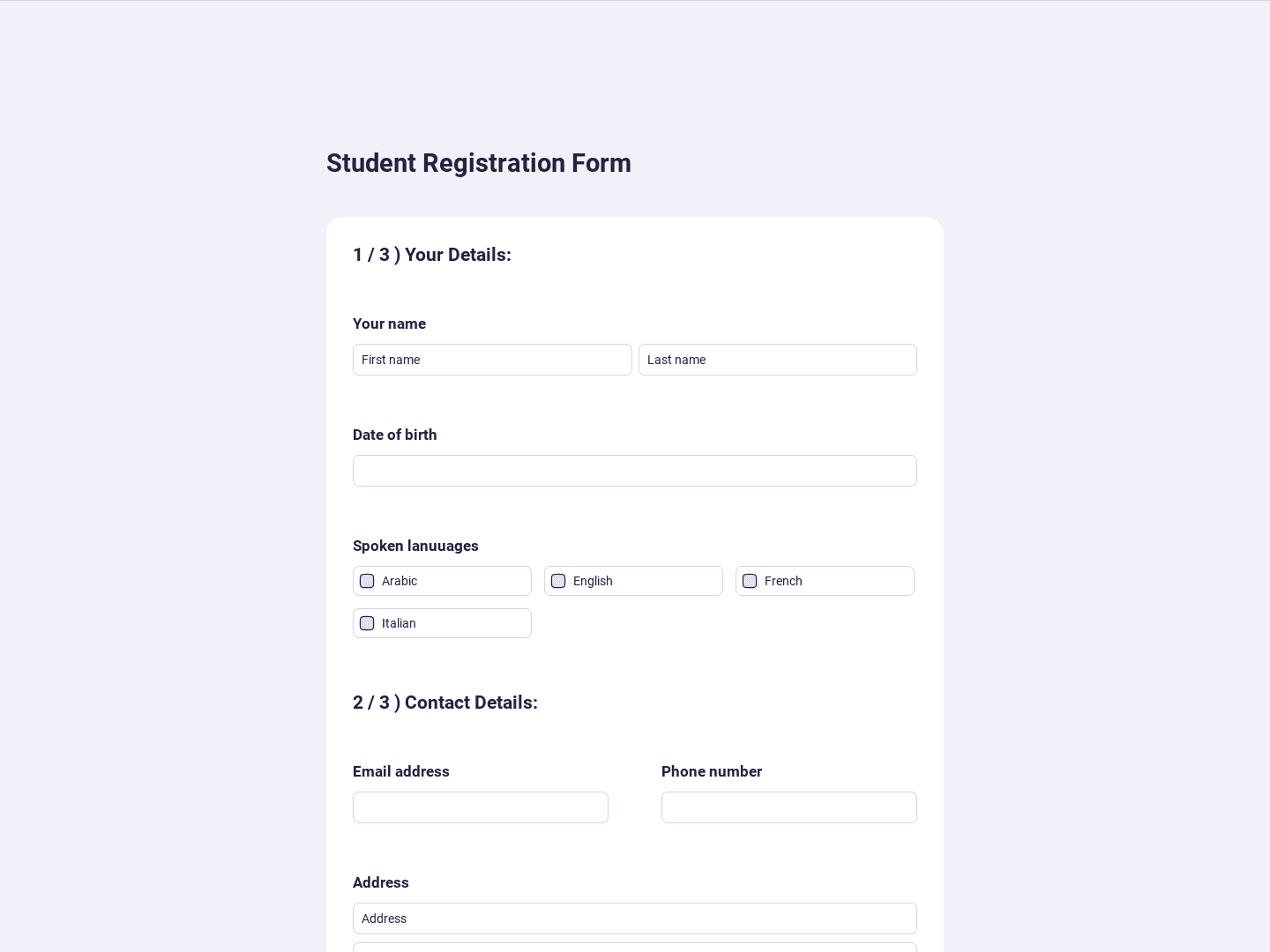 Student registration form