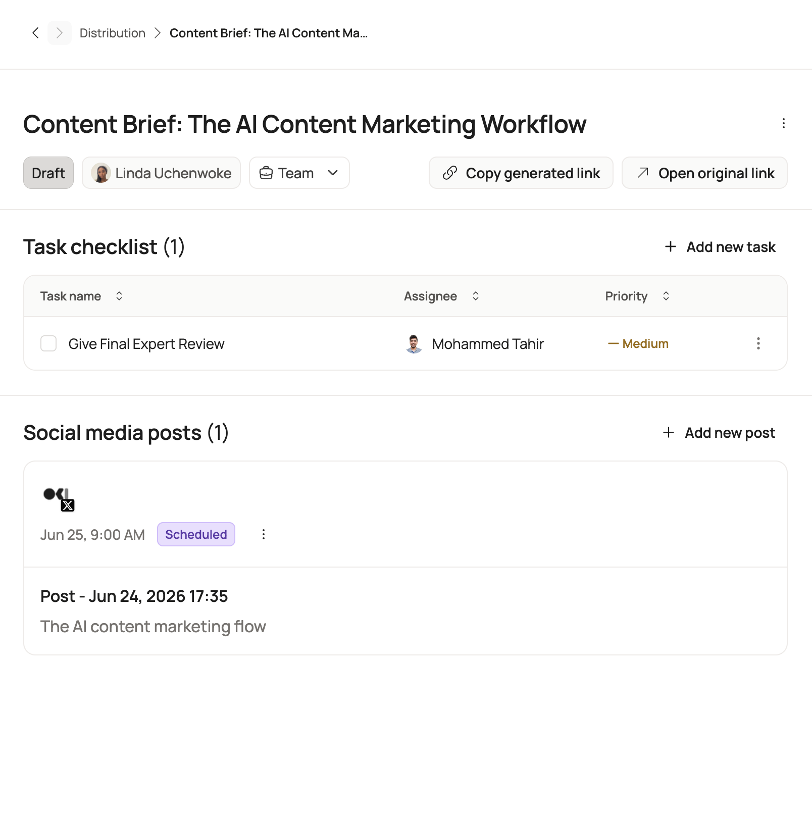 Boki distribution view showing a scheduled X post created against the article