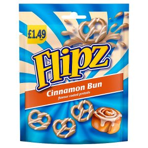 FLIPZ CINNAMON BUN FLAVOUR COATED PRETZEL SNACKS PMP £1.49, 80G