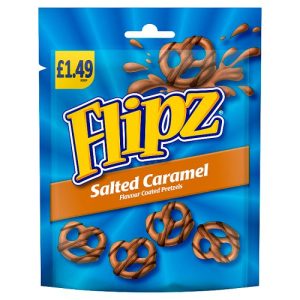 FLIPZ SALTED CARAMEL FLAVOUR COATED PRETZEL SNACKS PMP £1.49, 80G