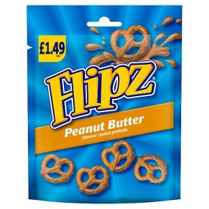 FLIPZ PEANUT BUTTER FLAVOUR COATED PRETZEL SNACKS PMP £1.49, 80G