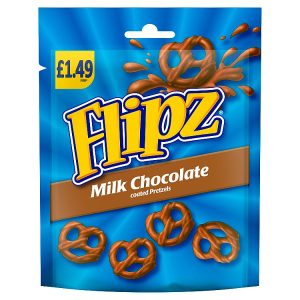 FLIPZ MILK CHOCOLATE COATED PRETZEL SNACKS PMP £1.49, 80G