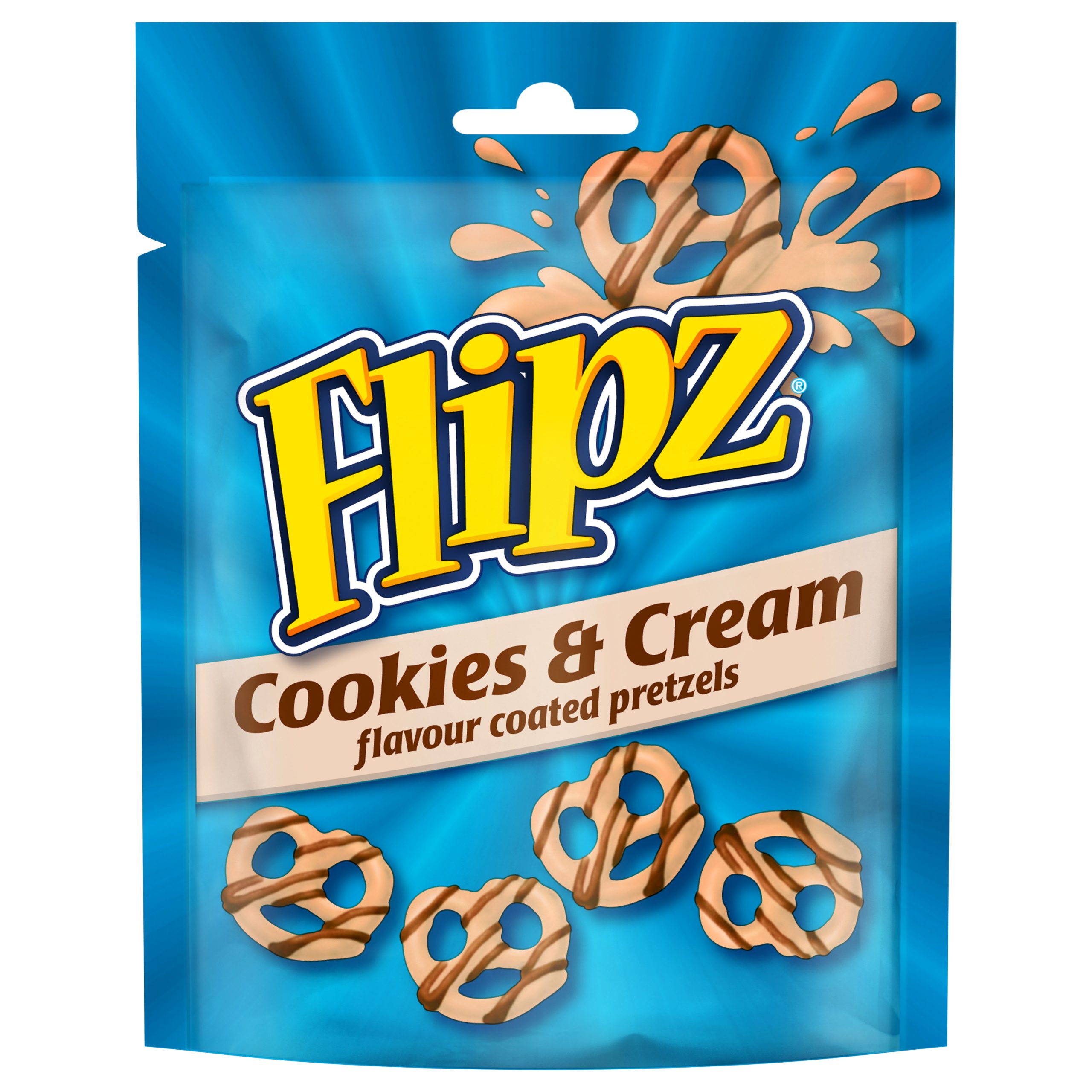 FLIPZ COOKIES & CREAM FLAVOUR COATED PRETZEL SNACKS 90G