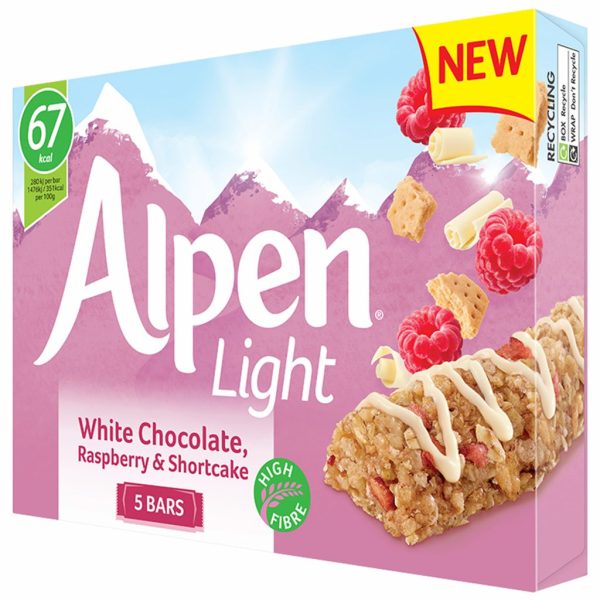 ALPEN CMBS PMP DELIGHT LIGHT WHITE CHOCOLATE, RASPBERRY & SHORTCAKE 24X19G 59P PMP 2 FOR £1