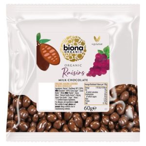 BIONA 60G MILK CHOCOLATE COVERED RAISINS ORGANIC