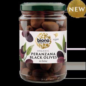 BIONA 280G BLACK WHOLE PERANZANA OLIVES IN BRINE ORGANIC