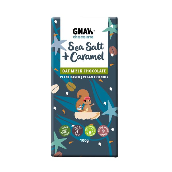 GNAW CHOC OAT BAR 100G SEA SALT & CARAMEL OAT MI!LK CHOCOLATE BAR VEGAN