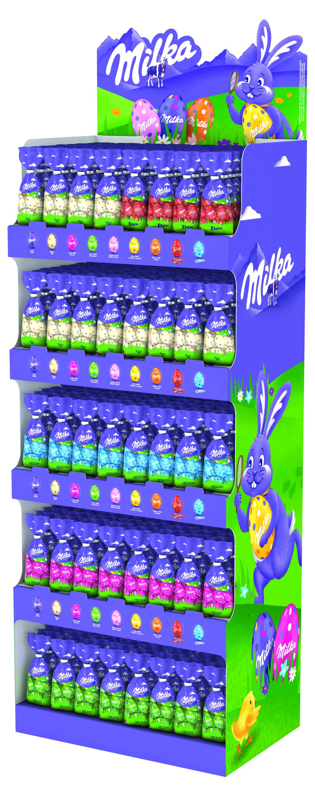 DISPLAY F3 350ST./PCES X 100G 5 SMAKEN/GOÛTS
70	MELK/LAIT NOISETTINE 100G
70	MELK/LAIT BISCUIT 100G
35	MELK/LAIT DAIM 100G
70	MELK/LAIT OREO 100G
105	WIT/BLANC 100G