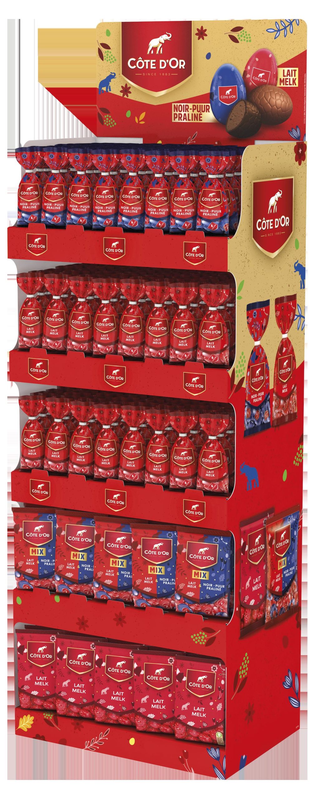 DISPLAY CÔTE DOR 265 ST./PCES 4REFS
105	CÔTE DOR MELK/ LAIT 100G
70	CÔTE DOR PUUR PRALINÉ / NOIR PRALINÉ 100G
30	CÔTE DOR MELK / LAIT 350G
60	CÔTE DOR MIX 350G