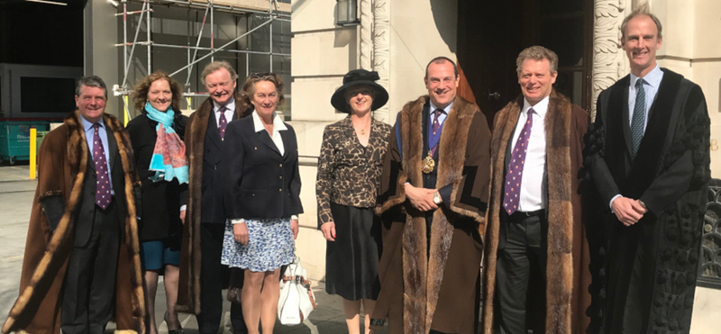 The Master, Wardens and guests set off from Brewers' Hall.  From L to R: Richard Fuller, Middle Warden; Diane Coyne, Deputy Clerk; Simon Theakston, Upper Warden; Candy Theakston; Sarah Spencer-Jones, the Mistress; Stephen Spencer-Jones, the Master; Jonathan Neame, Renter Warden; Michael O'Dwyer, the Clerk.