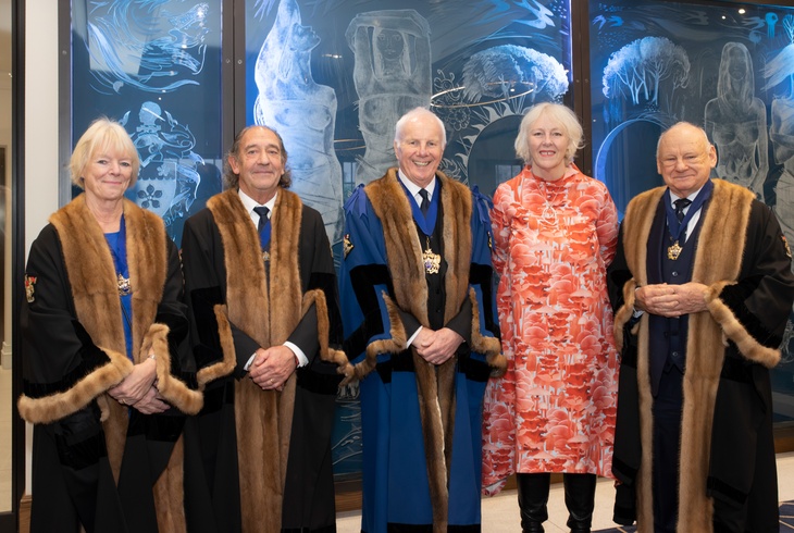 Guest speaker, Sharon Ament pictured with The Master, Gwyn Howells, the Deputy Master PM Dr Margaret Boanas, Warden Tony Stanton and Renter Assistant, Peter Allen