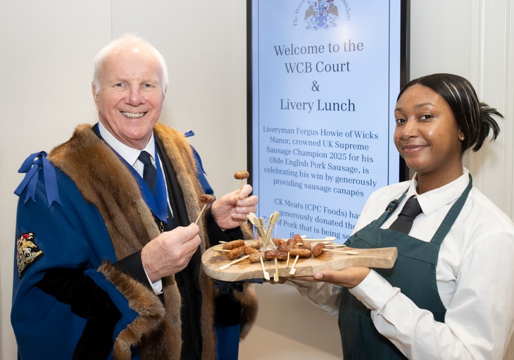 The Master samples the Olde English Pork Sausage canapés from Wicks Manor, which was awarded UK Supreme Sausage Champion during UK Sausage Week.