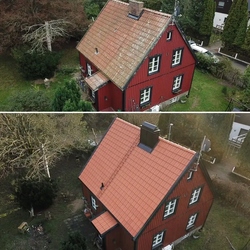 Före och efter ett takbyte i Skåne utfört av Swedtak