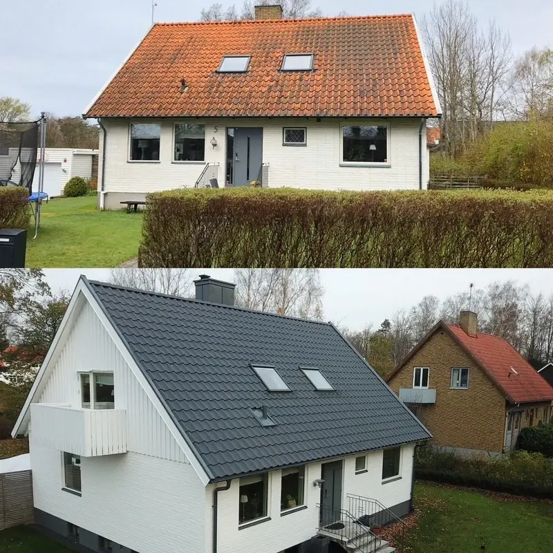 Nytt tak i Skälderviken, före och efter takbytet