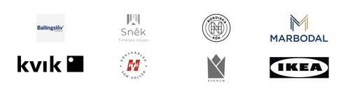 Logotyper för olika köks- och byggvarumärken, inklusive Ballingslöv, Marbodal och IKEA