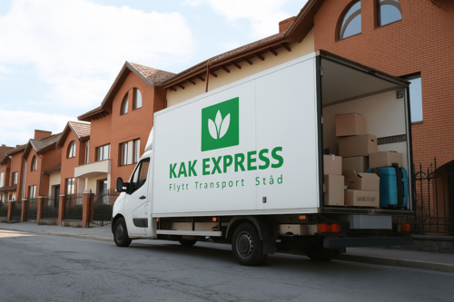 Flyttbil från KAK Express parkerad vid radhus, lastad med flyttkartonger.