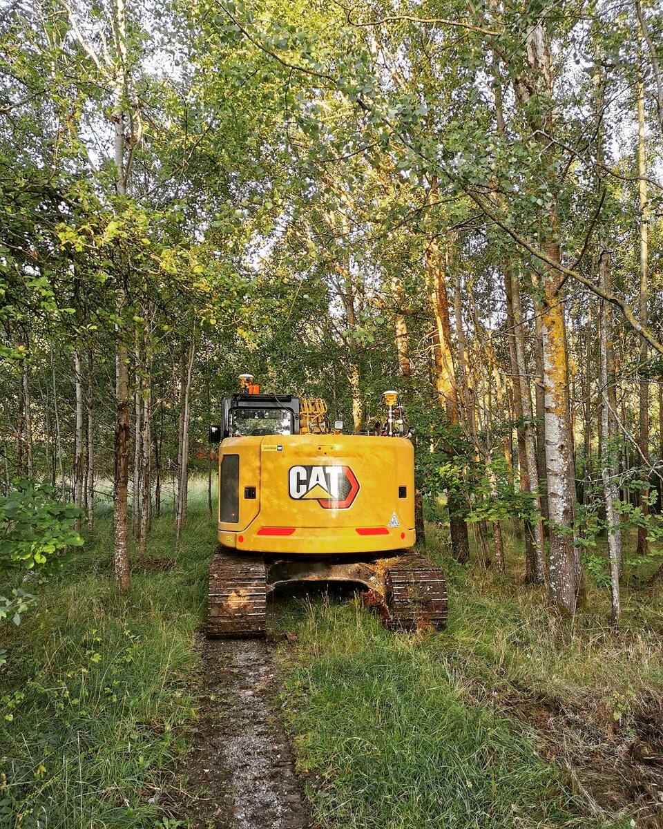 Grävmaskin från CAT i skogsområde – schaktning och terrängarbete i Norrtälje