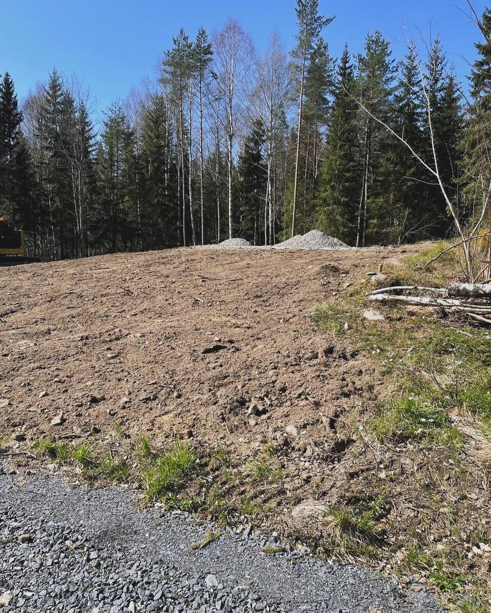 Tomt med nyligen utförd markberedning i skogsmiljö – förberedelse för nybyggnation eller grundläggning