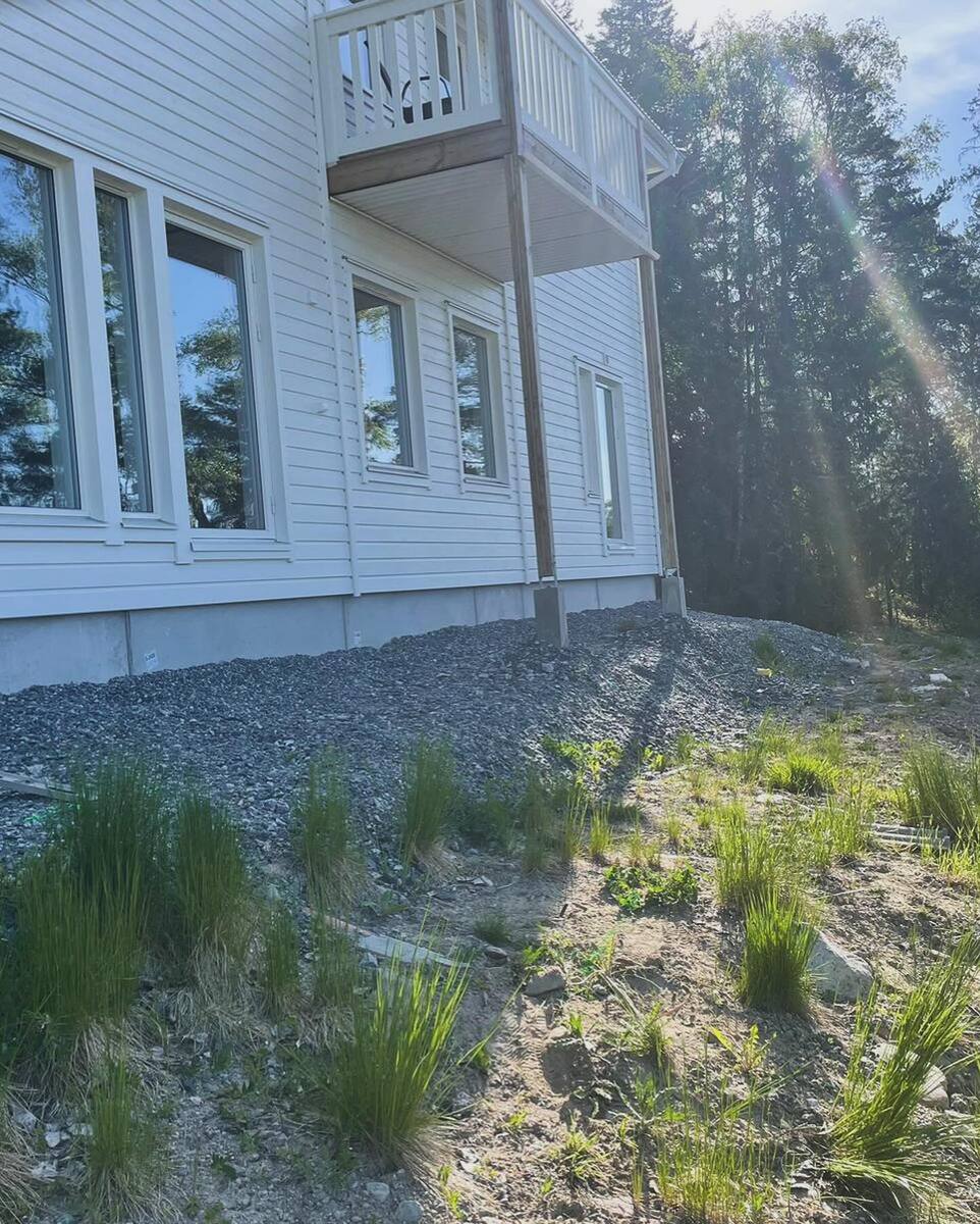 Slänt med nyplanterade växter och grusad yta vid vit villa – markarbete och sluttningssäkring i Nacka